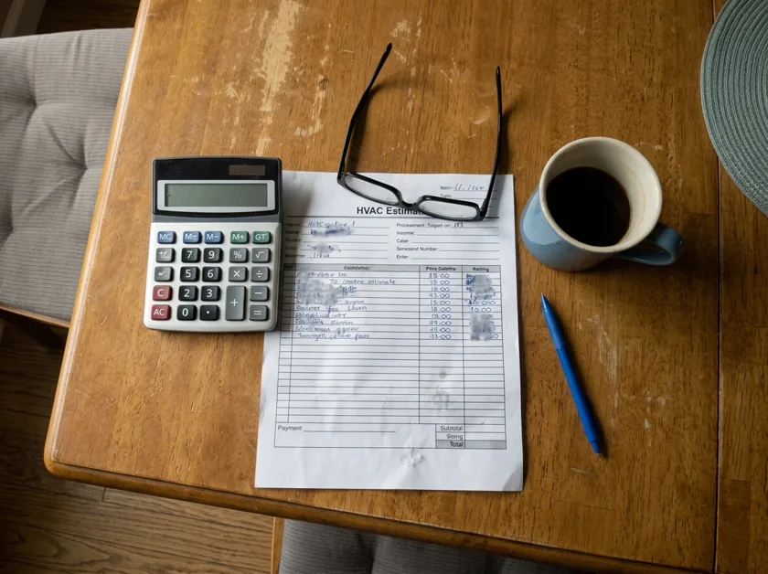 HVAC estimate paperwork on a kitchen table