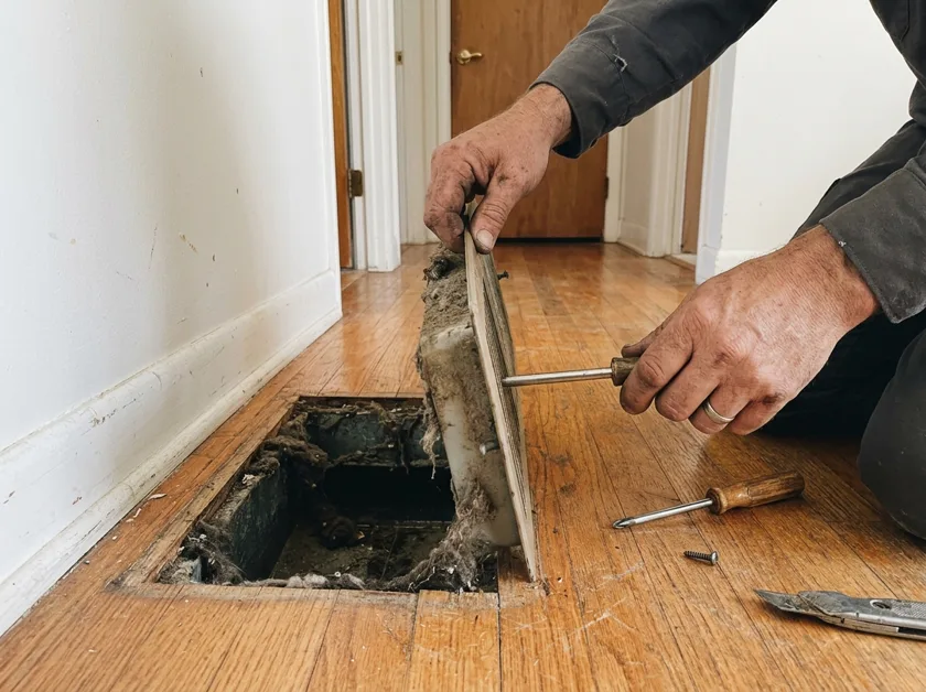 Technician removing a dusty floor vent register