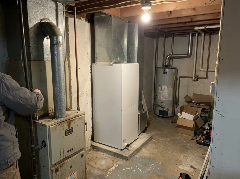 Gas furnace next to a new air handler in a basement