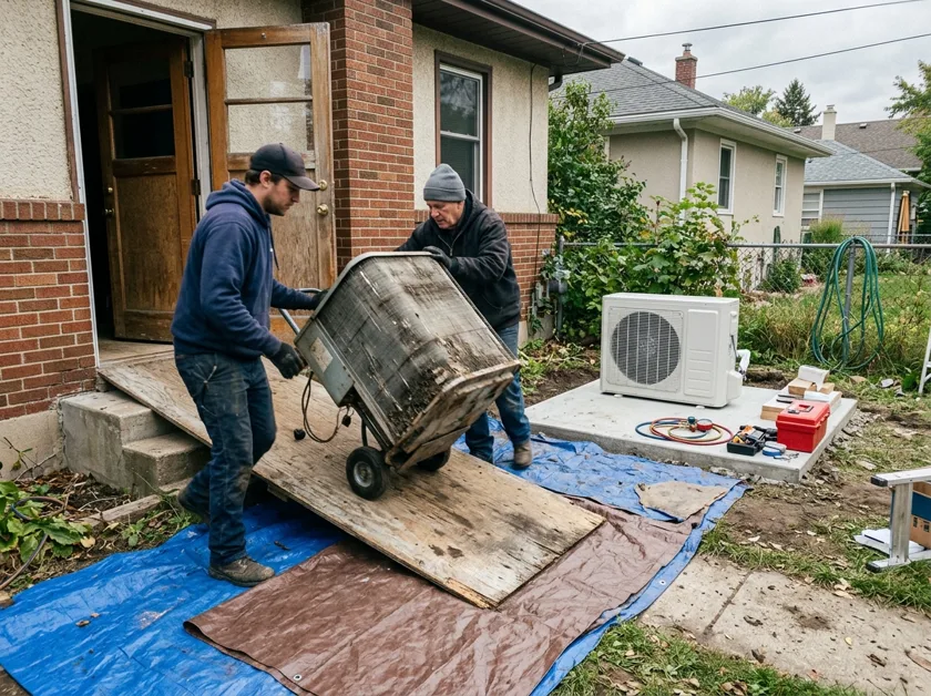 Installers removing an old AC unit