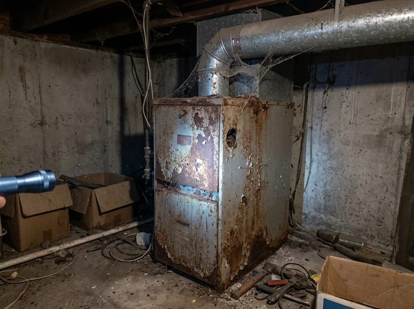 Old rusty furnace in a basement