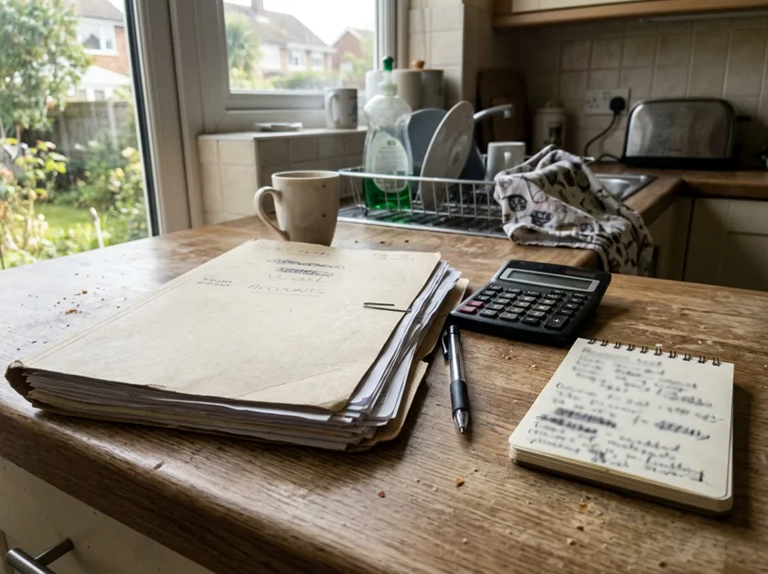Rebate paperwork and calculator on a counter