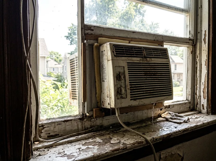 Old dripping window air conditioner in a worn wooden window frame