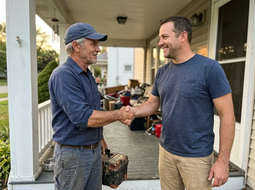 Mike shaking hands with a homeowner on their porch