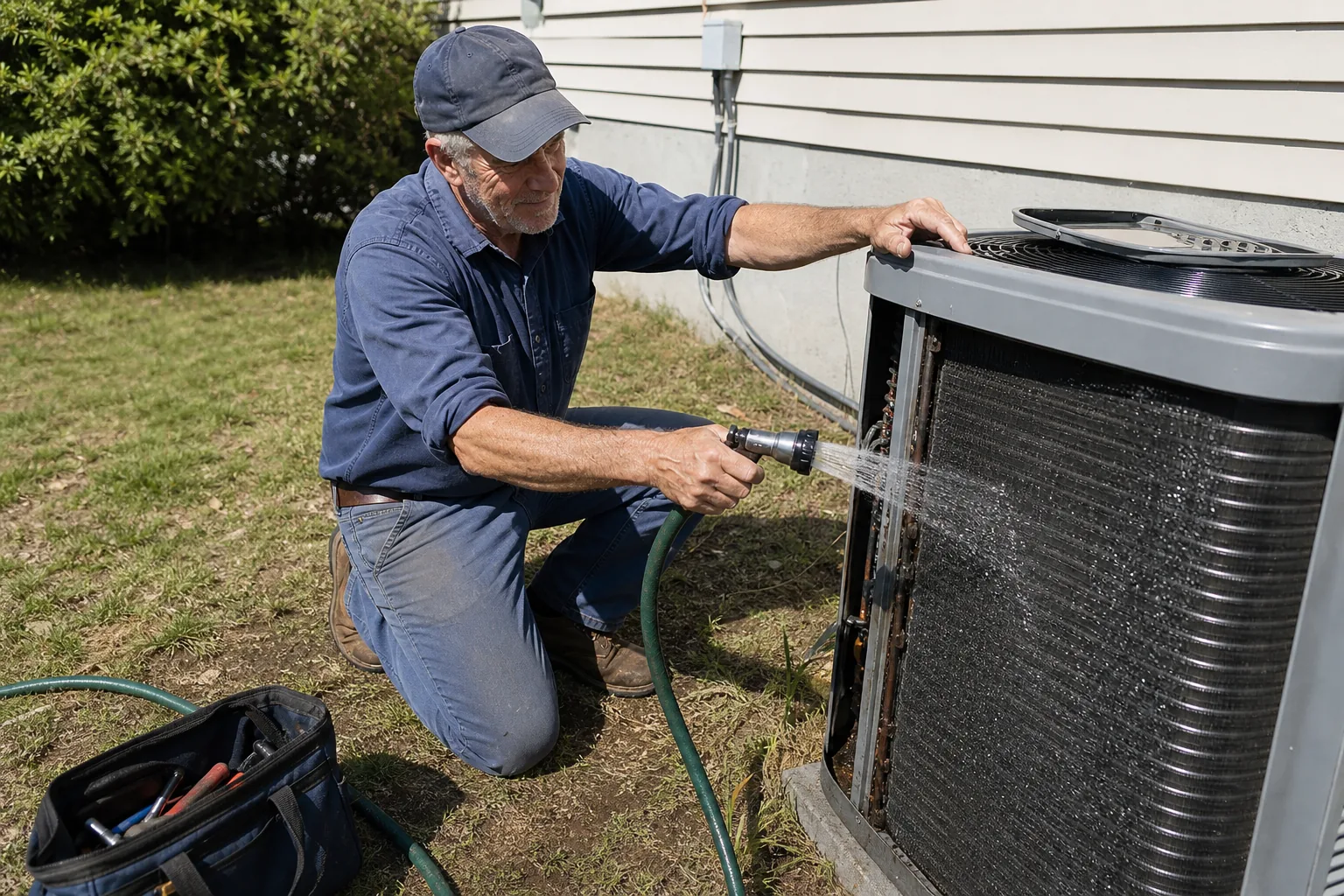 Mike rinsing the coil of a residential outdoor air-conditioning condenser