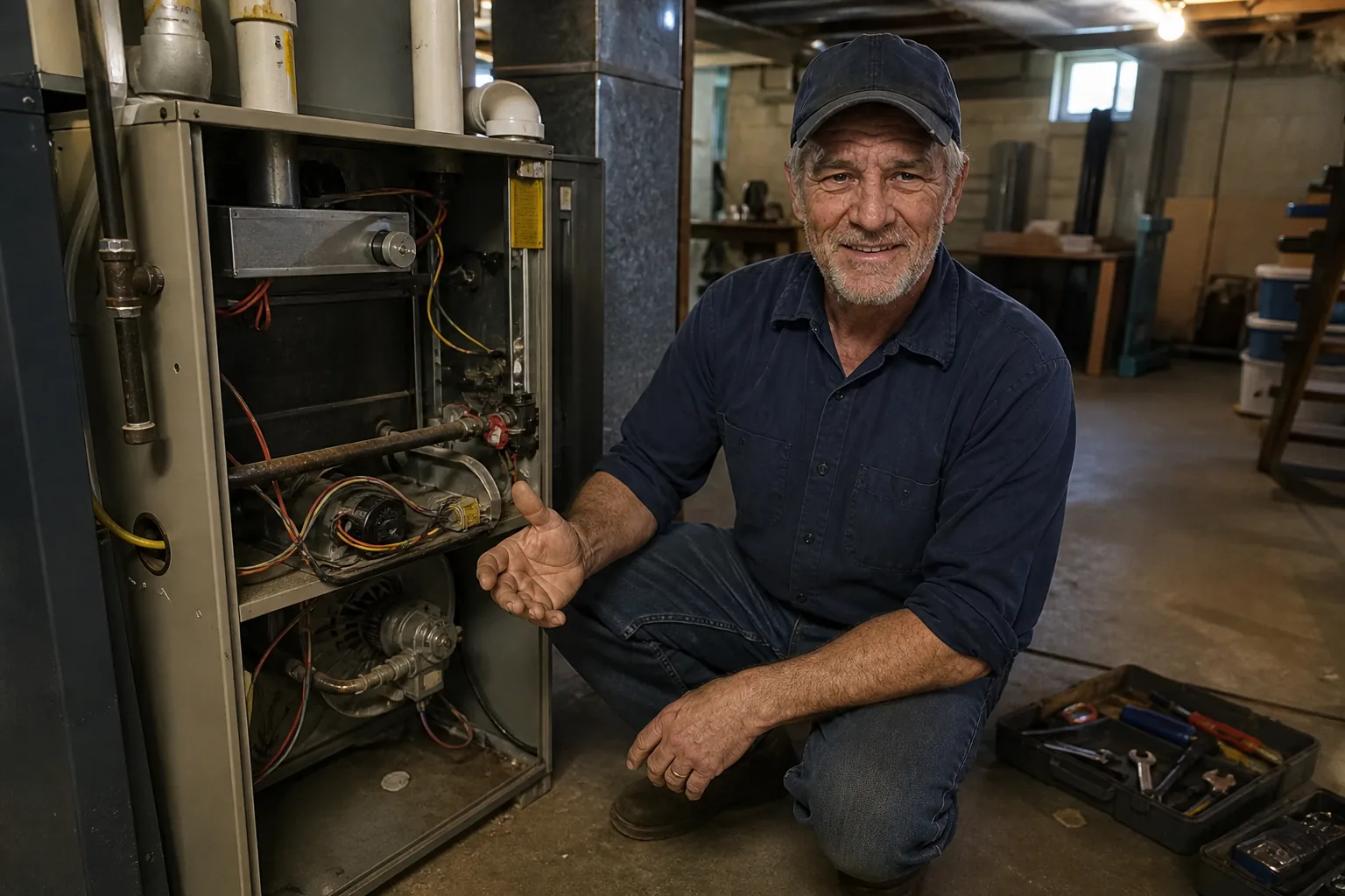 Mike Sullivan kneeling beside an open residential furnace in a basement